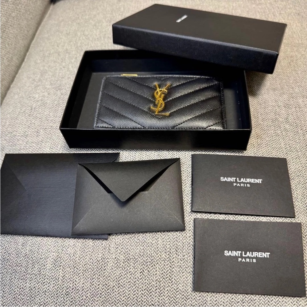 Saint Laurent Quilted Black Card Holder with Gold Logo - Picture 11 of 12